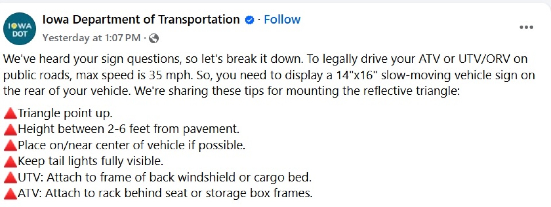 Iowa Department of Transportation Facebook Post